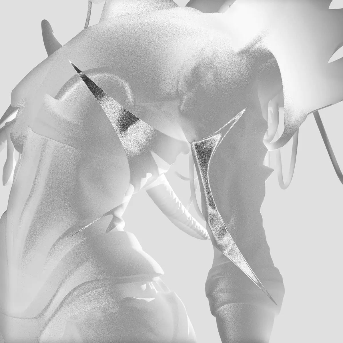 The MACHINA cover, a close view of pale sculptural figures and sharp chrome forms